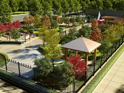 Scenic Park Landscape With Colorful Trees Wooden Pavilion Benches Pathways And Fence 3d model