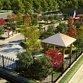 Scenic Park Landscape With Colorful Trees Wooden Pavilion Benches Pathways And Fence