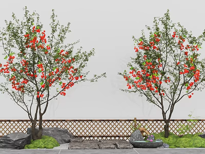 Beautiful Courtyard Garden With Fruit Trees Red Fruits White Wall Bamboo Fence And Small Fountain 3d model