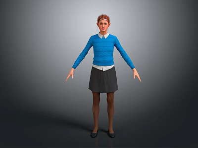 Child With Red Hair Standing In Blue Sweater White Shirt Black Skirt On Gray Background 3d model
