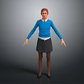 Child With Red Hair Standing In Blue Sweater White Shirt Black Skirt On Gray Background