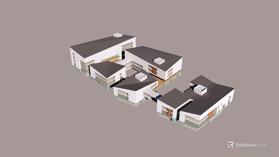 Modern Commercial Complex Featuring Connected White Buildings Dark Roofs And Spacious Layout 3d model