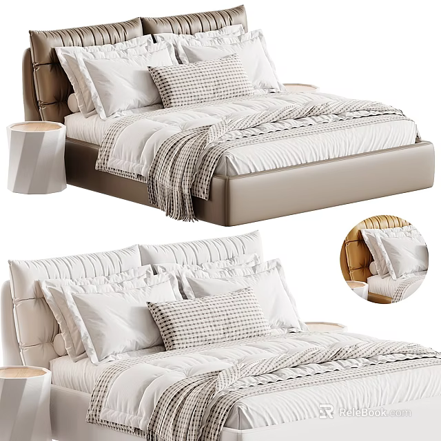 Modern Double Bed With Upholstered Headboard Plush Pillows And Cozy Bedding 3d model 
