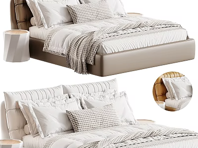 Modern Double Bed With Upholstered Headboard Plush Pillows And Cozy Bedding 3d model