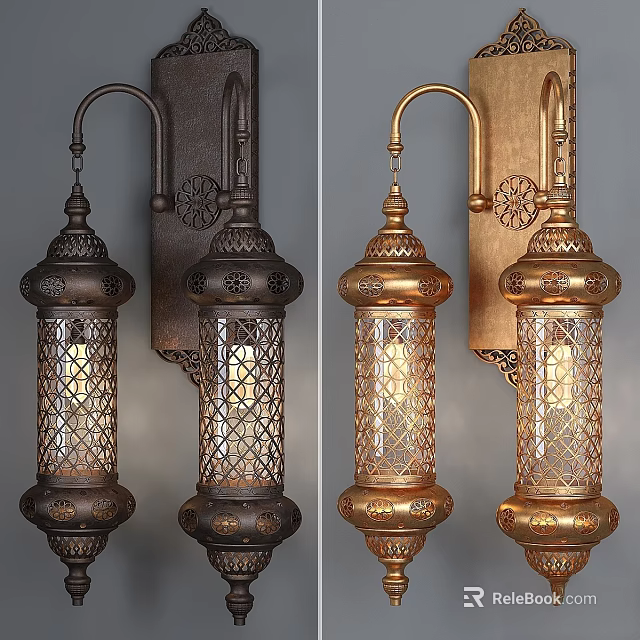 Vintage Bronze And Gold Wall Lamps With Intricate Cutout Glass Shades 3d model 