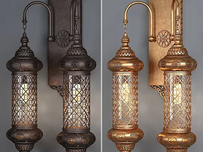 Vintage Bronze And Gold Wall Lamps With Intricate Cutout Glass Shades 3d model