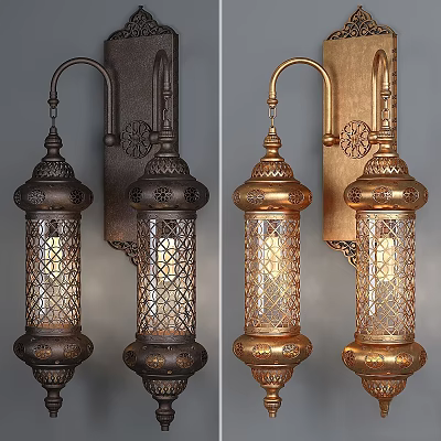 Vintage Bronze And Gold Wall Lamps With Intricate Cutout Glass Shades 3d model