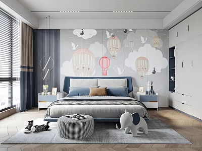 Kids Room Interior Design With Cloud Wallpaper Hot Air Balloons Bed Pillows And Elephant Toy 3d model