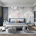 Kids Room Interior Design With Cloud Wallpaper Hot Air Balloons Bed Pillows And Elephant Toy