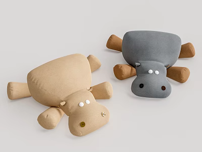 Cute Hippo Stuffed Dolls In Beige And Gray Color With Soft Fabric And Lying Posture 3d model