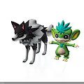 Cartoon Black White Wolf With Pointed Ears And Green Blue Haired Creature