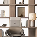 Wooden Desk and Chair Set in Home Office with Bookshelf Books Table Lamp and Vase