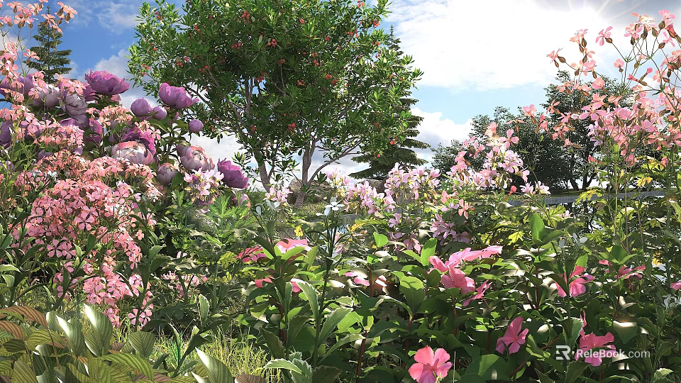 Colorful Flowers And Green Trees In Lush Sunny Garden With Pink Purple Blooms 3d model 