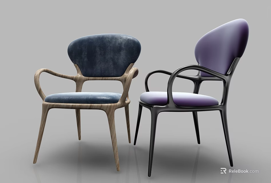 Modern Leisure Chairs With Wooden And Metal Frames Deep Blue Purple Seats Backs 3d model 