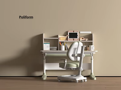 Kids Adjustable Study Desk With Chair And Storage Shelves For Children 3d model