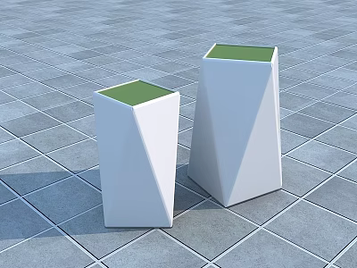 White Geometric Shaped Garden Ornaments Planters With Green Tops Placed On Gray Tiled Floor 3d model