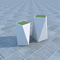 White Geometric Shaped Garden Ornaments Planters With Green Tops Placed On Gray Tiled Floor