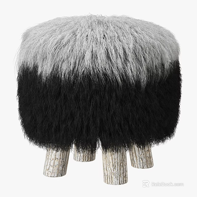 Fuzzy Gradient Gray And Black Stool With Soft Top And Wooden Legs Design 3d model 