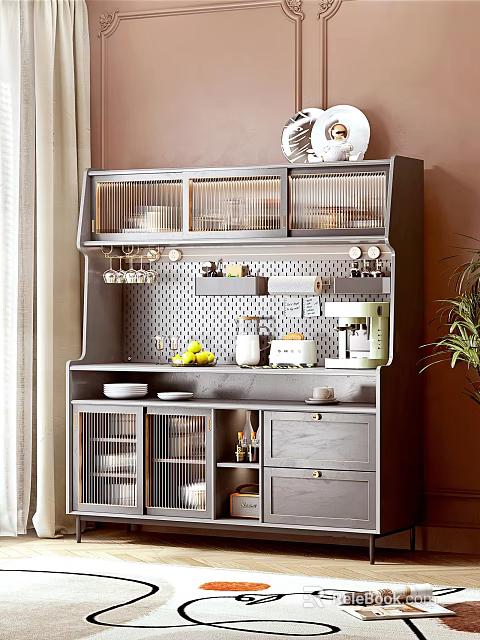Modern Gray Sideboard With Grid Doors Open Shelves Coffee Machine And Decorative Items 3d model 