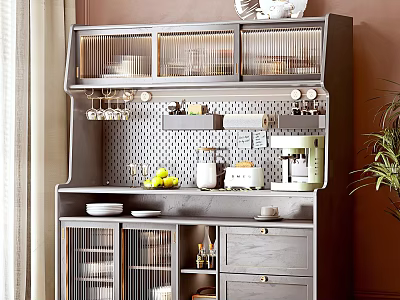 Modern Gray Sideboard With Grid Doors Open Shelves Coffee Machine And Decorative Items 3d model