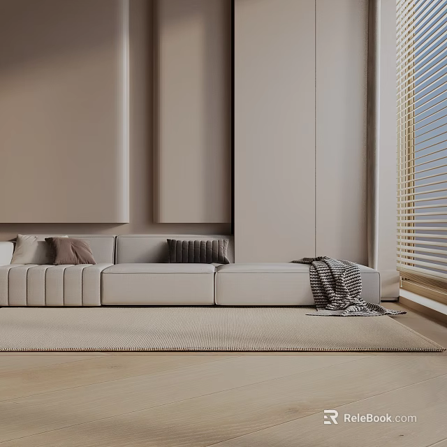 Modern Minimalist Light Beige Three Seater Sofa With Throw Pillows Area Rug And Window Blinds 3d model 