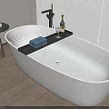 Modern Bathroom Interior With White Freestanding Bathtub Black Tray Blue Boxes And Wine Glass
