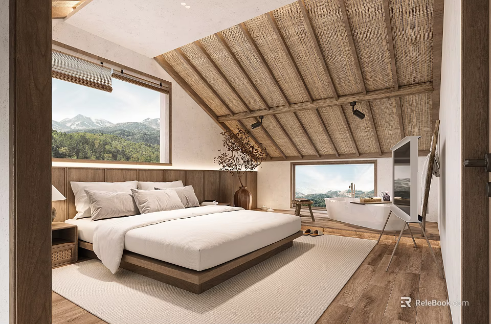 Hotel Guest Room With Sloped Wooden Ceiling Mountain View Windows King Bed And Natural Light 3d model 