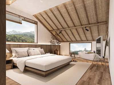 Hotel Guest Room With Sloped Wooden Ceiling Mountain View Windows King Bed And Natural Light 3d model