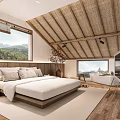 Hotel Guest Room With Sloped Wooden Ceiling Mountain View Windows King Bed And Natural Light
