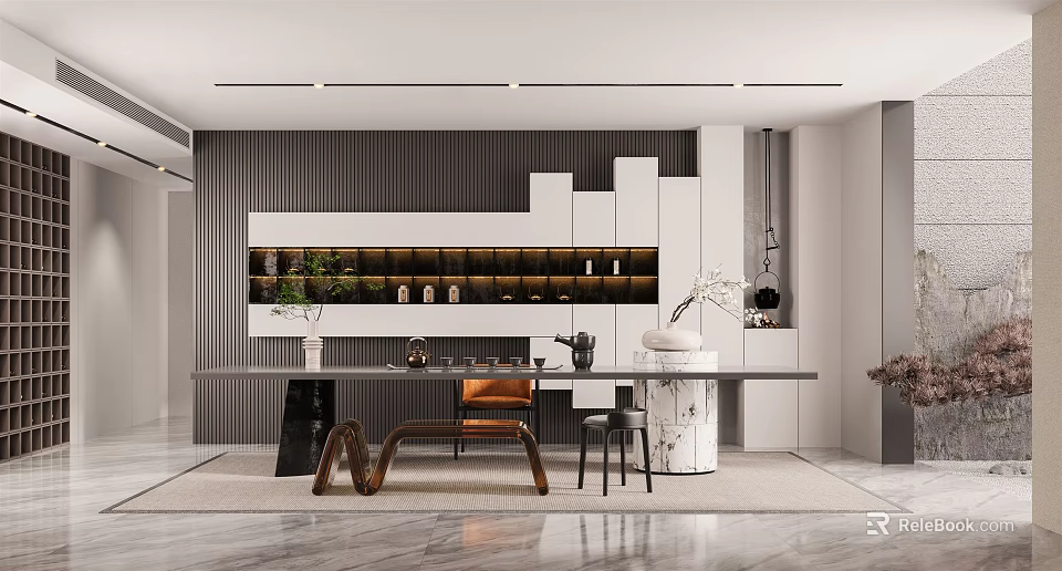 Modern Tea Room Interior Design With Vertical Striped Wall Display Shelves Tea Sets And Marble Table 3d model