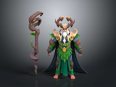 Antlered Nature Inspired Character With Snake Headed Staff And Leaf Adorned Attire 3d model
