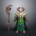 Antlered Nature Inspired Character With Snake Headed Staff And Leaf Adorned Attire