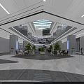 Modern Lobby Reception Desk Interior With Green Plants Tables Chairs And Skylight