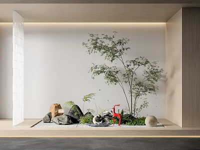 Minimalist Indoor Landscape Featuring White Walls Green Tree Stones Red Deer Figurine And Wooden Accents 3d model