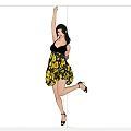 Woman In Yellow Black Floral Dress Jumping With Dancing Poses Three Angles