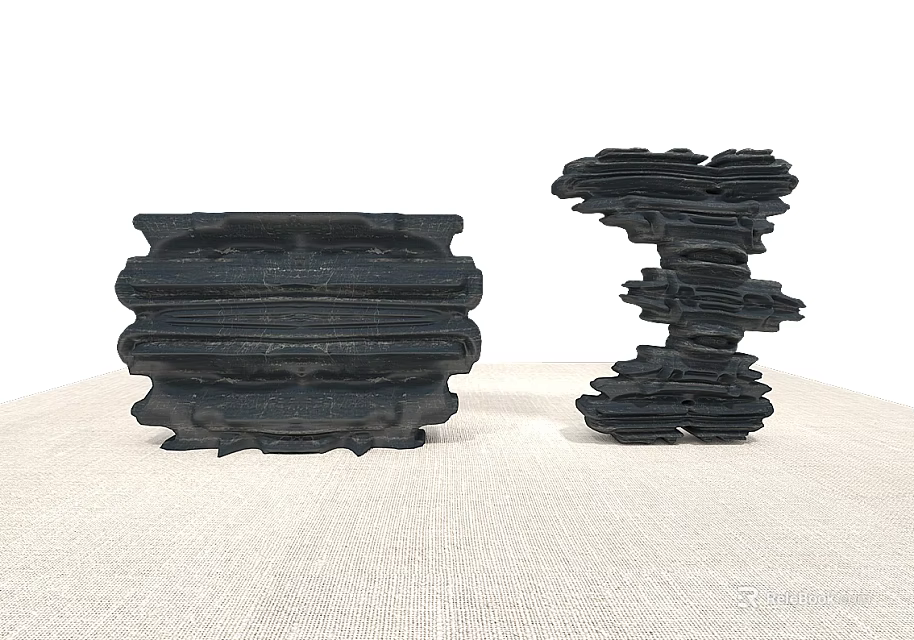 Black Rockery Stones With Layered Texture As Decorative Ornaments On Linen Surface 3d model 