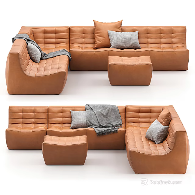 Modern Brown Leather Sofa Set With Modular Design Pillows Blanket And Ottoman 3d model
