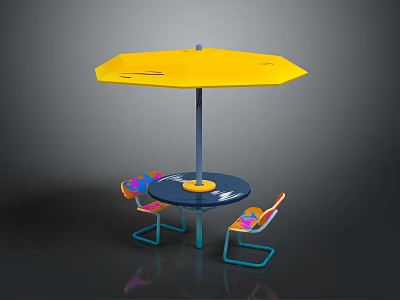 Outdoor Furniture Set With Yellow Umbrella Round Table And Colorful Chairs With Blue Legs 3d model