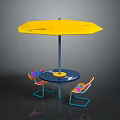 Outdoor Furniture Set With Yellow Umbrella Round Table And Colorful Chairs With Blue Legs