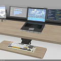 Ergonomic Laptop Workstation Setup With Multiple Monitors and Keyboard On Wooden Desk