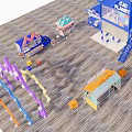 Colorful Cartoon Magastar Stalls And Blue Cat Planet Food Truck With Star Decorations
