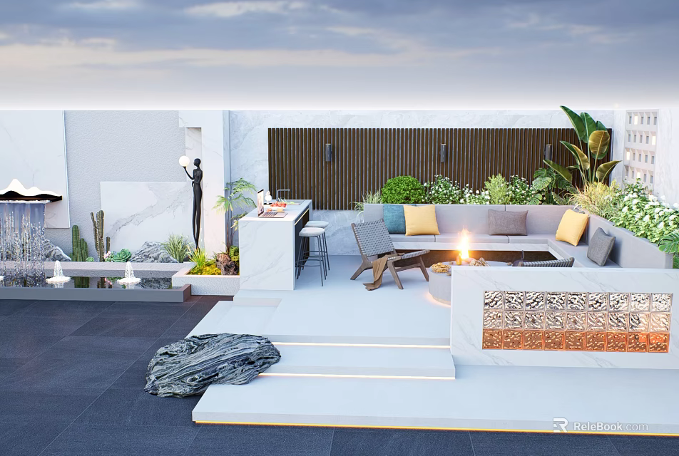 Modern Decorative Feature Wall in Rooftop Terrace With Sofa Fire Pit Steps and Green Plants 3d model 