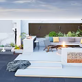 Modern Decorative Feature Wall in Rooftop Terrace With Sofa Fire Pit Steps and Green Plants