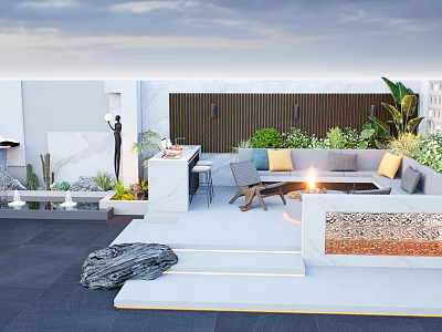 Modern Decorative Feature Wall in Rooftop Terrace With Sofa Fire Pit Steps and Green Plants 3d model