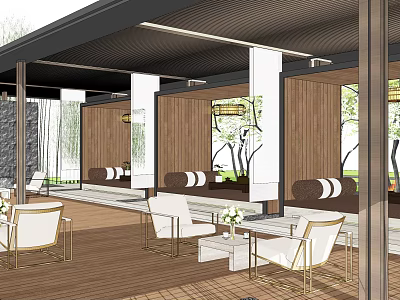 Modern Pergola Design With Wooden Panels White Chairs And Sofas And Elegant Lighting Fixtures 3d model