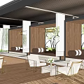 Modern Pergola Design With Wooden Panels White Chairs And Sofas And Elegant Lighting Fixtures