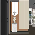 Modern Entryway Hallway With Gray Door Wooden Accents Circular Orange Backdrop And Pendant Light