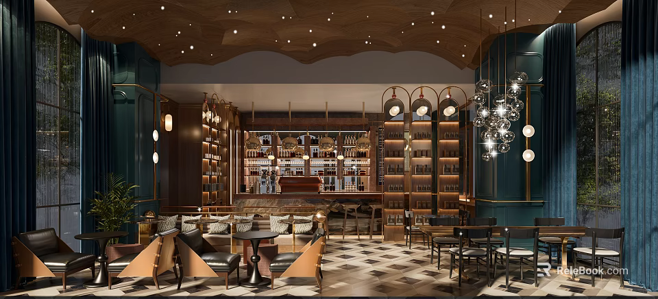 Modern Café Interior Design With Wooden Ceiling Chandeliers Bookshelves Bar Counter And Tables 3d model 