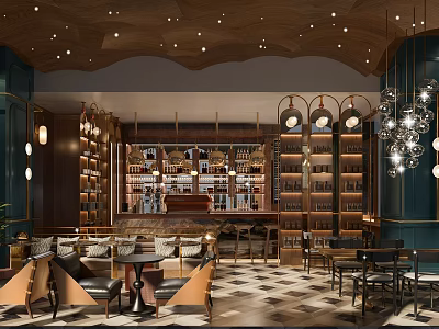 Modern Café Interior Design With Wooden Ceiling Chandeliers Bookshelves Bar Counter And Tables 3d model