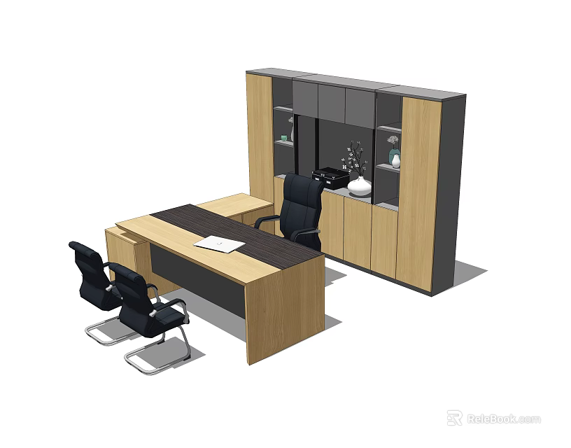 Modern Office Desk Setup With Wooden Desktop Two Black Chairs And Glass Door Cabinet 3d model 